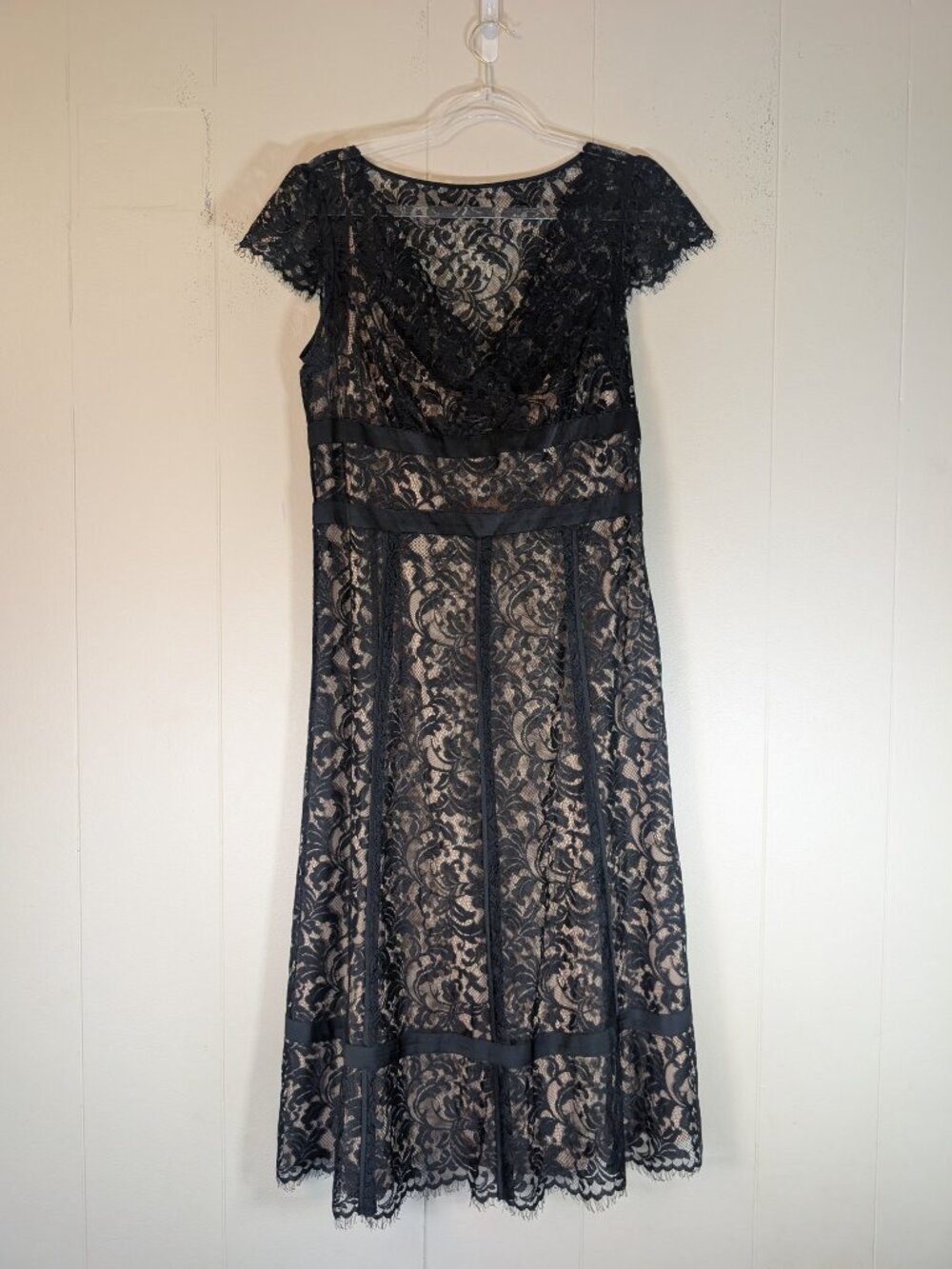 LOFT Black Floral Lace Nude Lined Midi Dress Womens 10 Romantic Cocktail